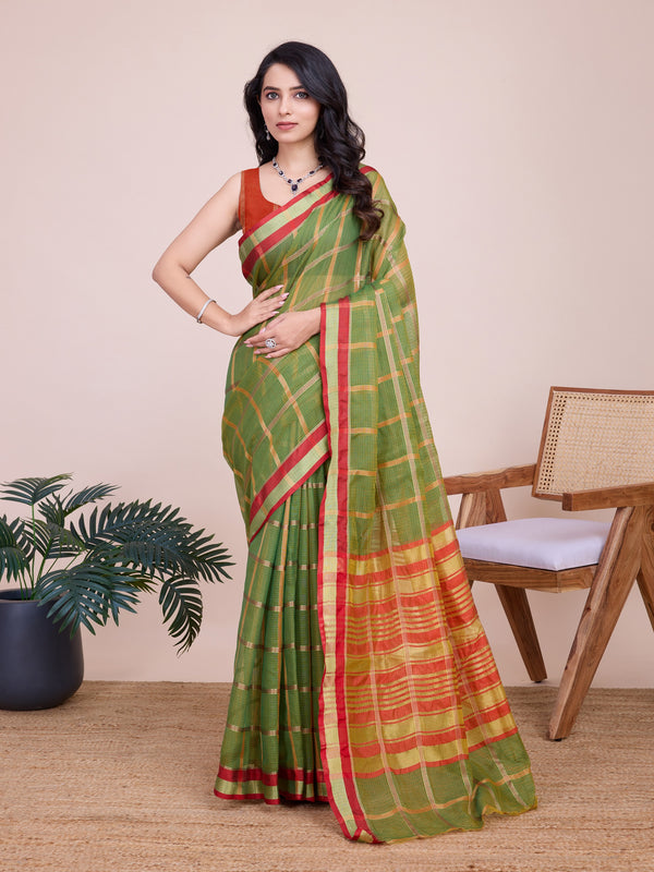 Vedant Vastram Cotton Silk Jacquard Fancy Saree - Mahendi - Distacart