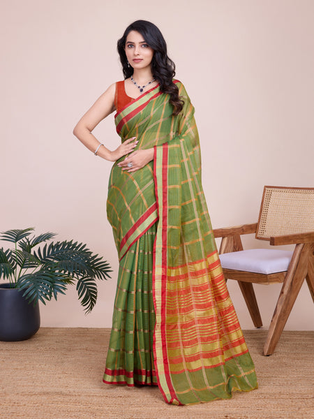 Vedant Vastram Cotton Silk Jacquard Fancy Saree - Mahendi - Distacart