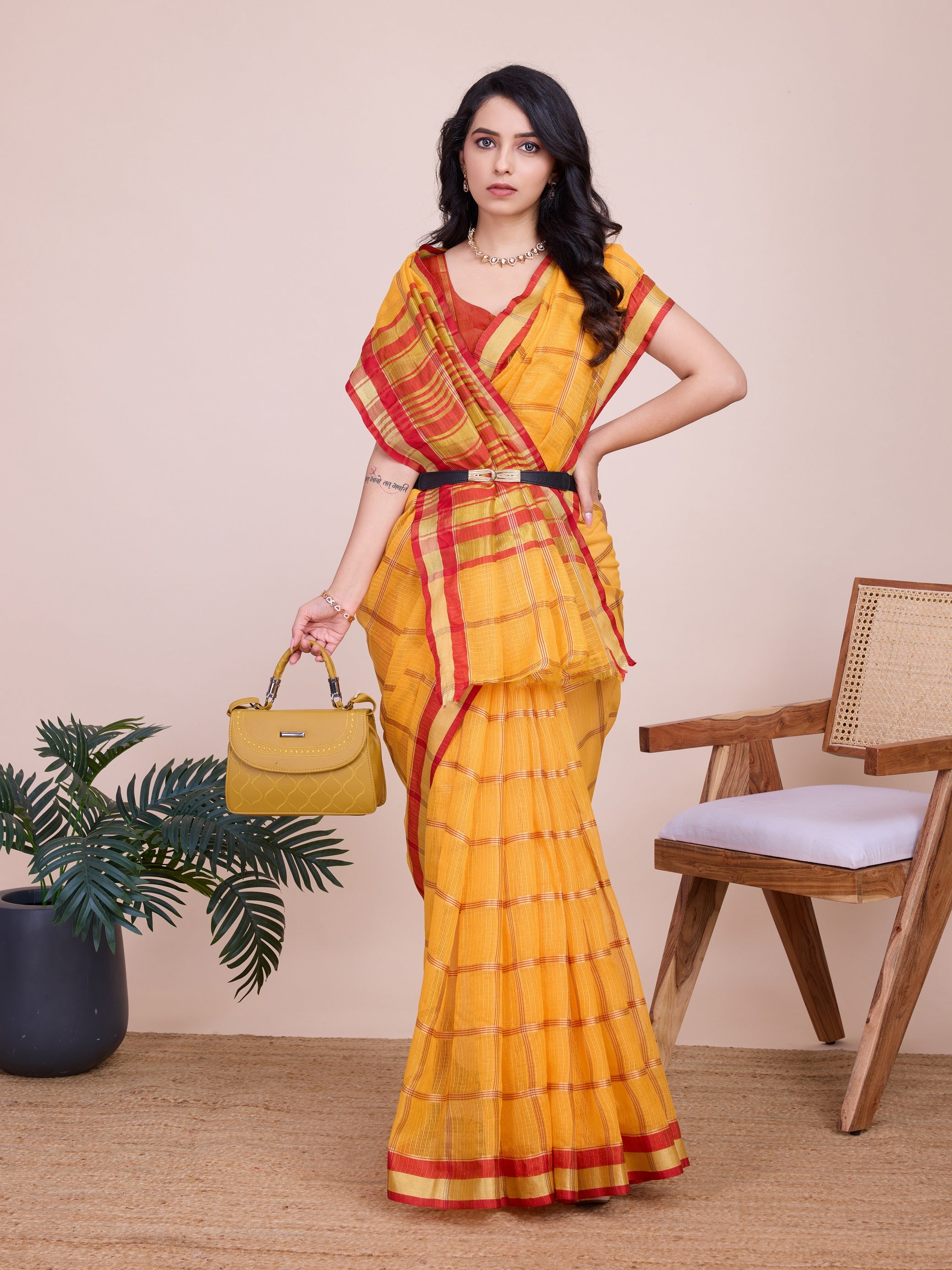 Vedant Vastram Cotton Silk Jacquard Fancy Saree - Mustard - Distacart