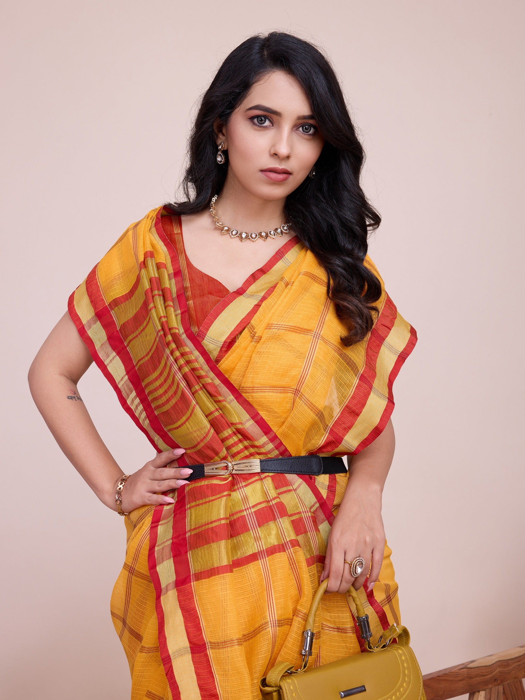 Vedant Vastram Cotton Silk Jacquard Fancy Saree - Mustard - Distacart