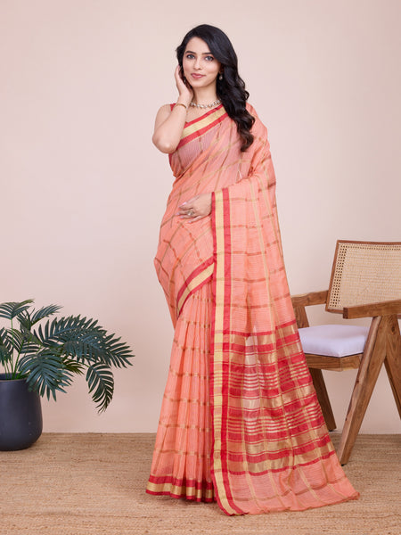 Vedant Vastram Cotton Silk Jacquard Fancy Saree - Peach - Distacart