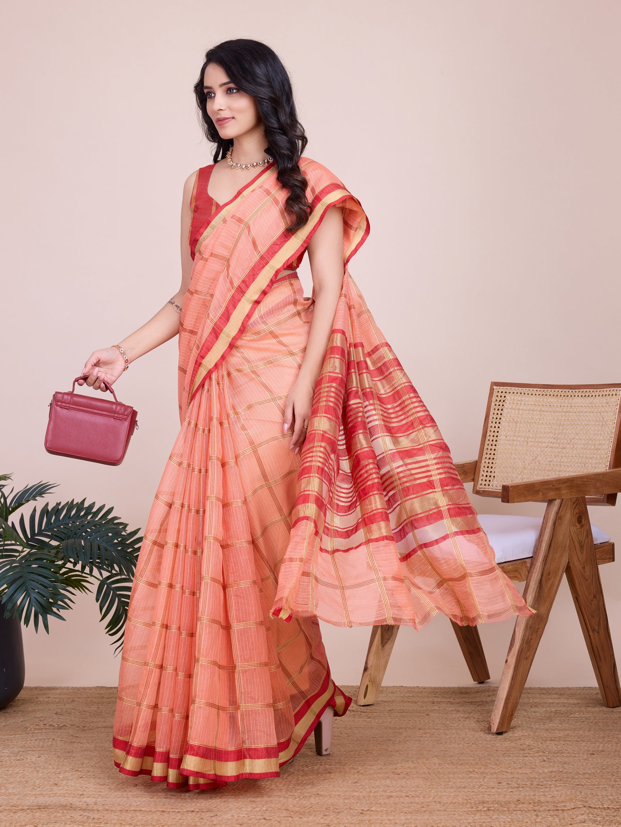 Vedant Vastram Cotton Silk Jacquard Fancy Saree - Peach - Distacart