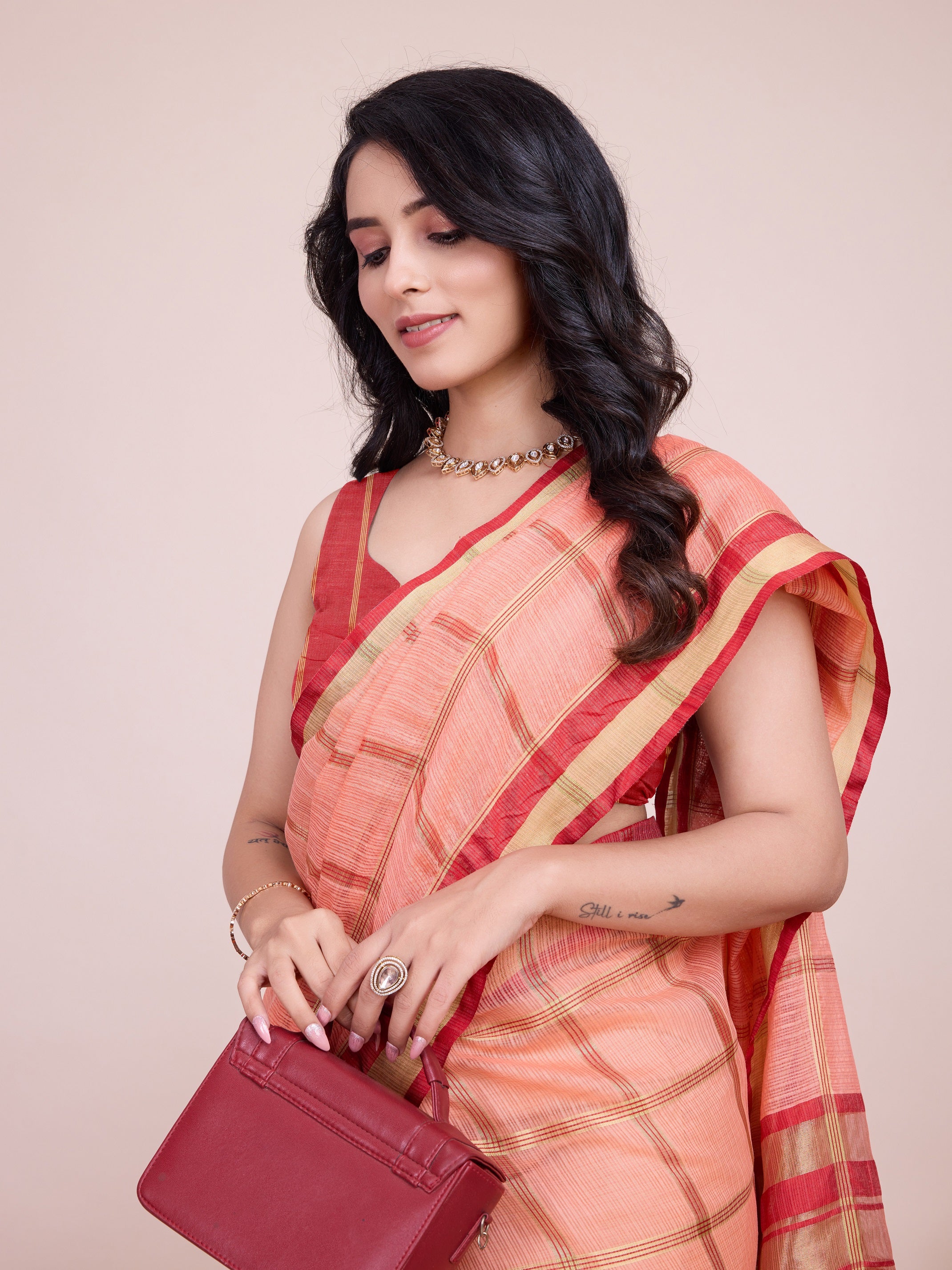Vedant Vastram Cotton Silk Jacquard Fancy Saree - Peach - Distacart