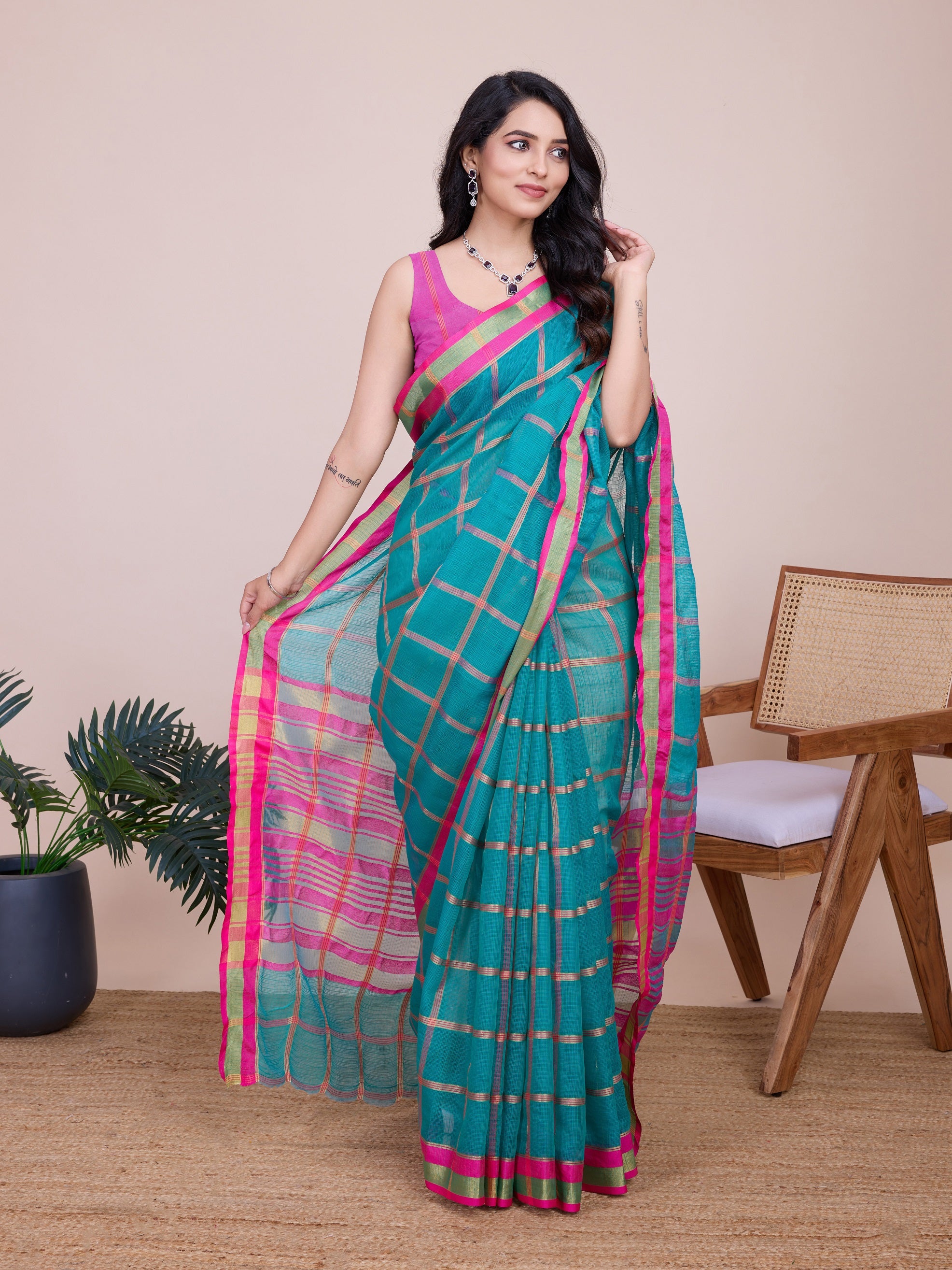 Vedant Vastram Cotton Silk Jacquard Fancy Saree - Seagreen - Distacart