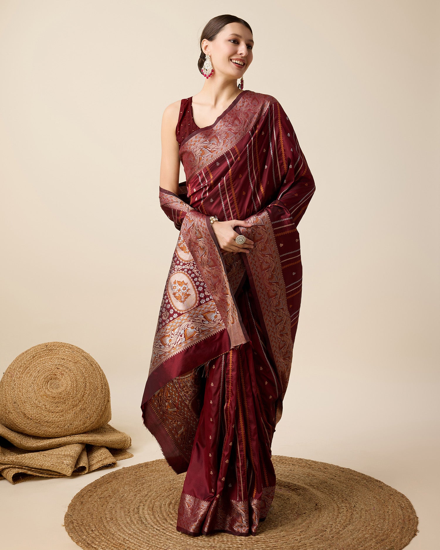 Vedant Vastram Soft Litchi Silk Banarasi Silk Saree - Maroon - Distacart