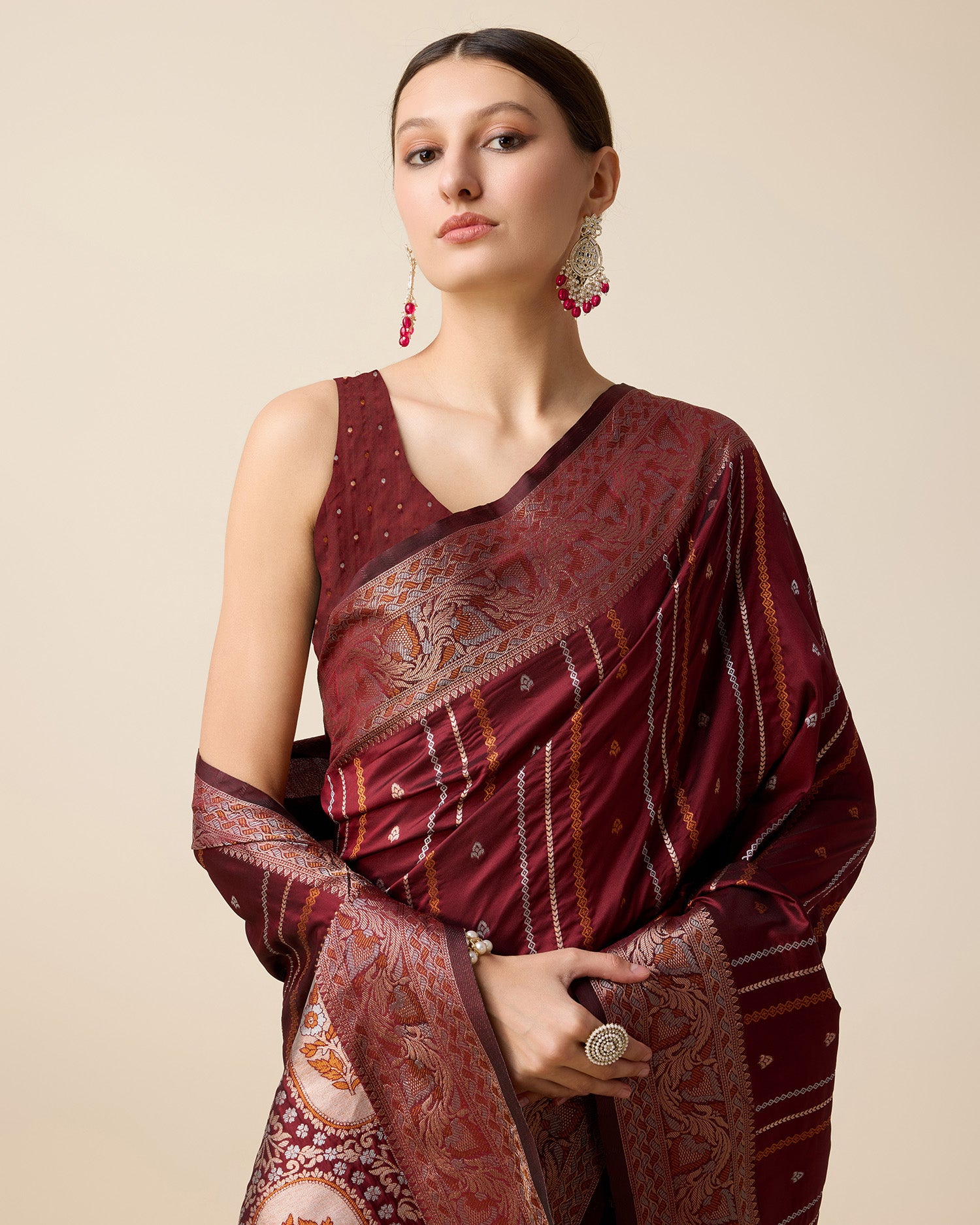 Vedant Vastram Soft Litchi Silk Banarasi Silk Saree - Maroon - Distacart
