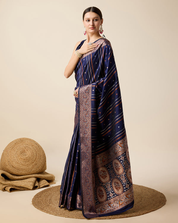 Vedant Vastram Soft Litchi Silk Banarasi Silk Saree - Navy - Distacart