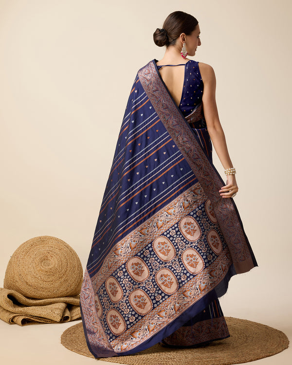 Vedant Vastram Soft Litchi Silk Banarasi Silk Saree - Navy - Distacart