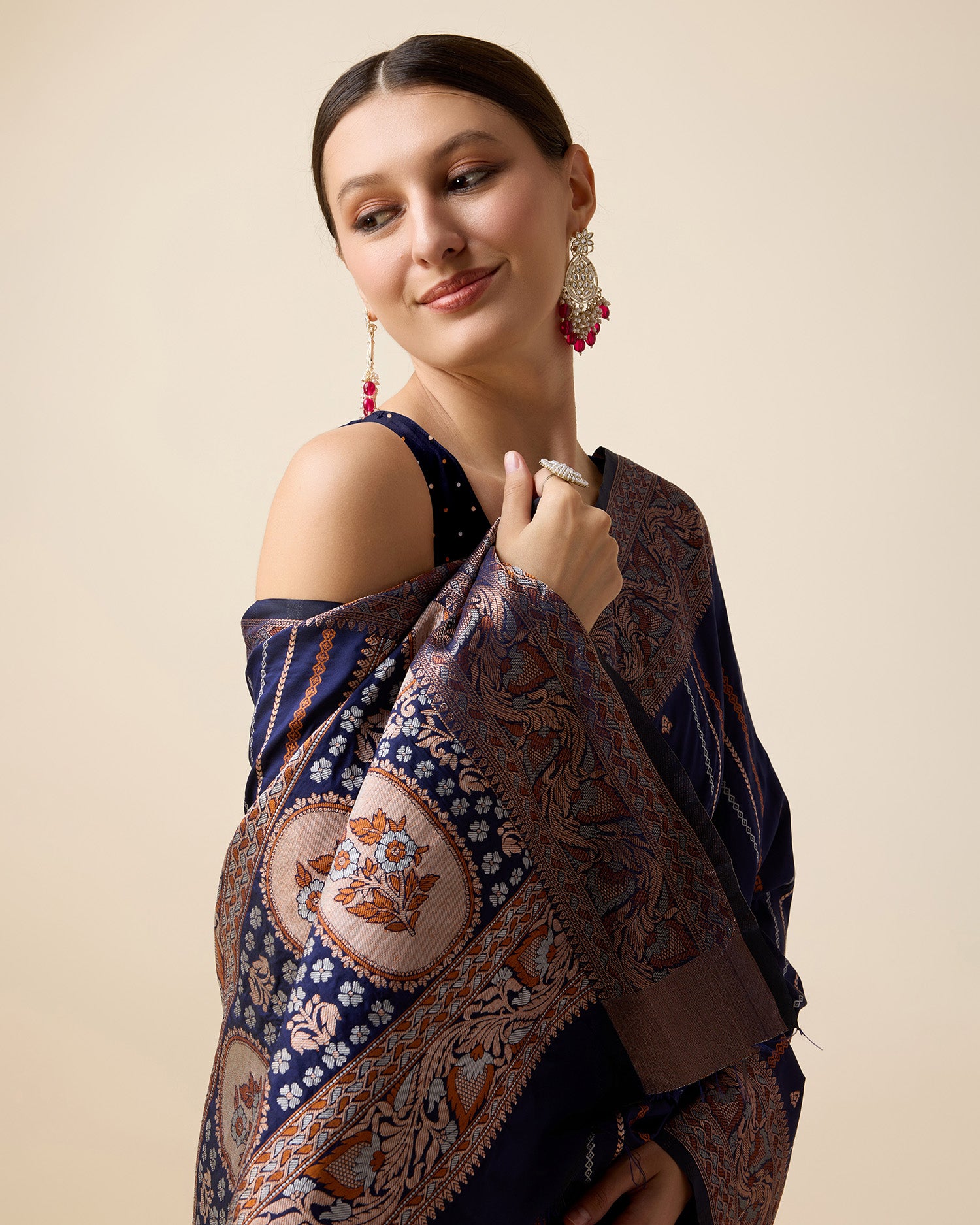 Vedant Vastram Soft Litchi Silk Banarasi Silk Saree - Navy - Distacart