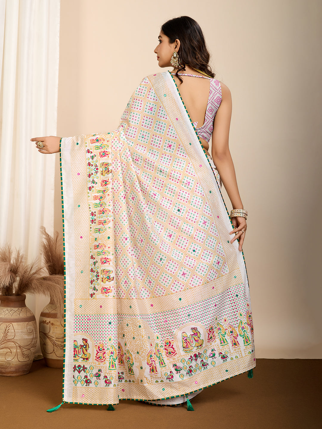 Vedant Vastram Maslin Cotton Printed & Hand work Fancy Saree - White - Distacart