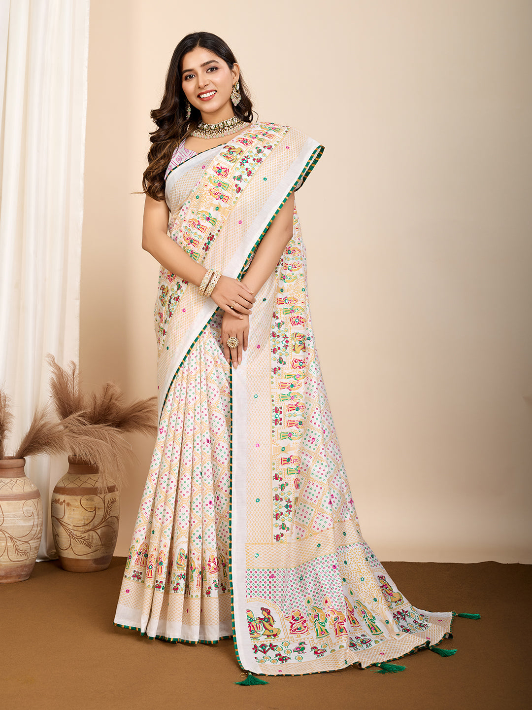 Vedant Vastram Maslin Cotton Printed & Hand work Fancy Saree - White - Distacart