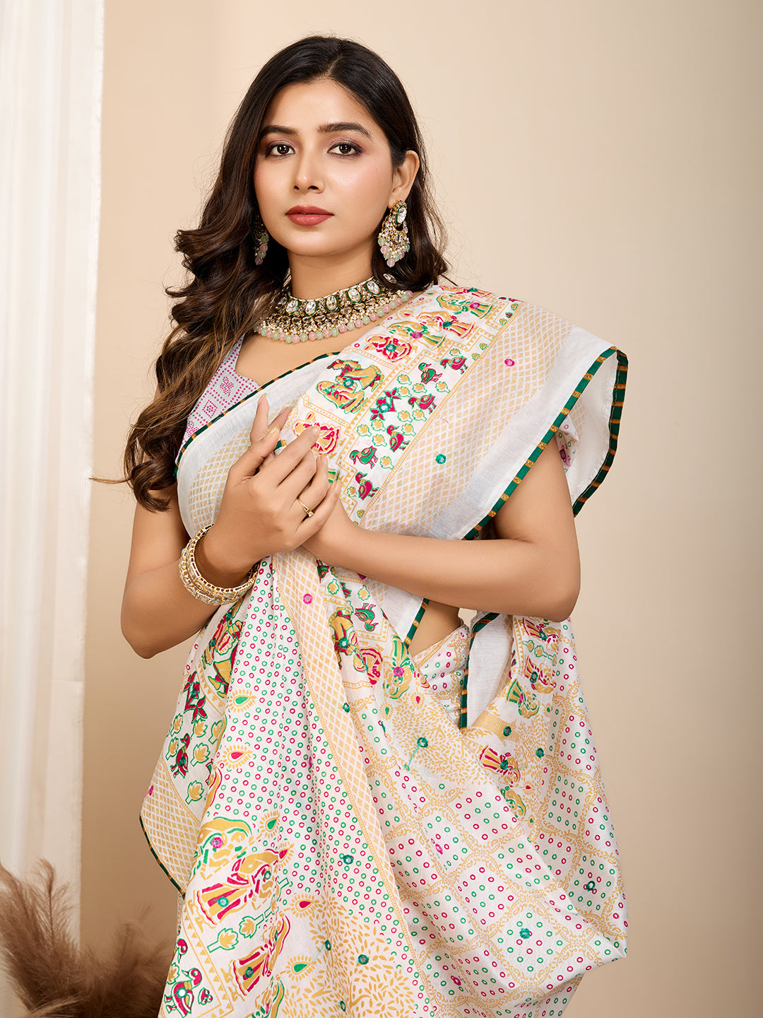 Vedant Vastram Maslin Cotton Printed & Hand work Fancy Saree - White - Distacart