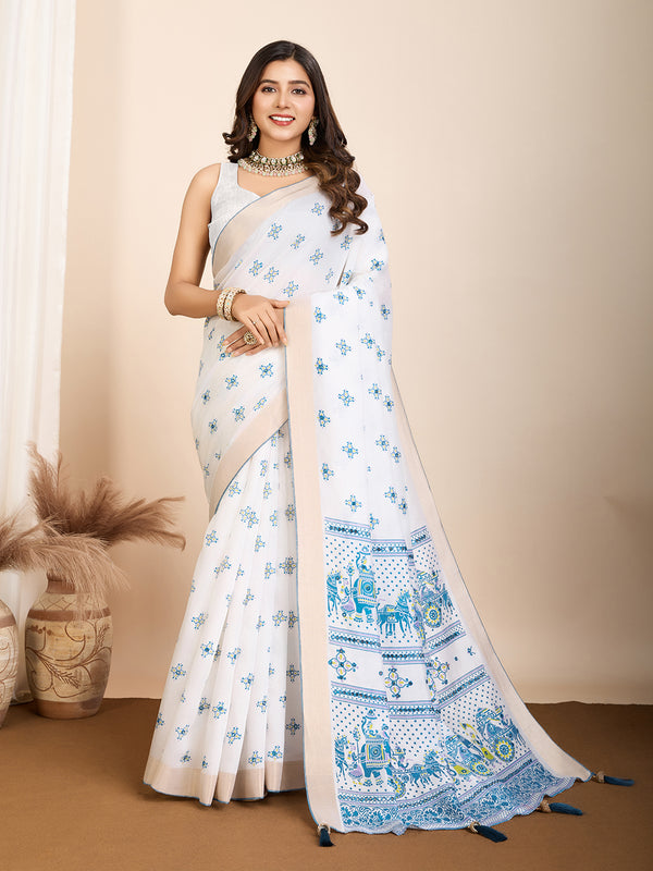 Vedant Vastram Maslin Cotton Printed & Hand work Fancy Saree - Blue - Distacart