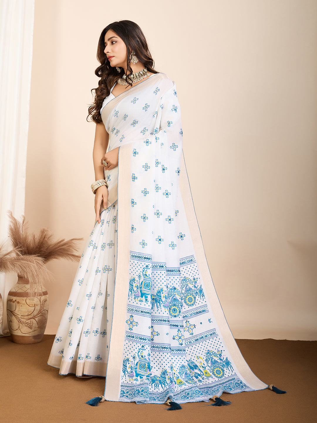 Vedant Vastram Maslin Cotton Printed & Hand work Fancy Saree - Blue - Distacart
