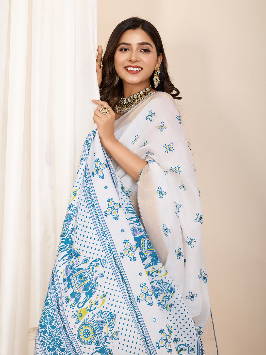 Vedant Vastram Maslin Cotton Printed & Hand work Fancy Saree - Blue - Distacart
