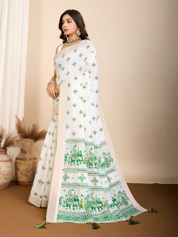 Vedant Vastram Maslin Cotton Printed & Hand work Fancy Saree - Green - Distacart