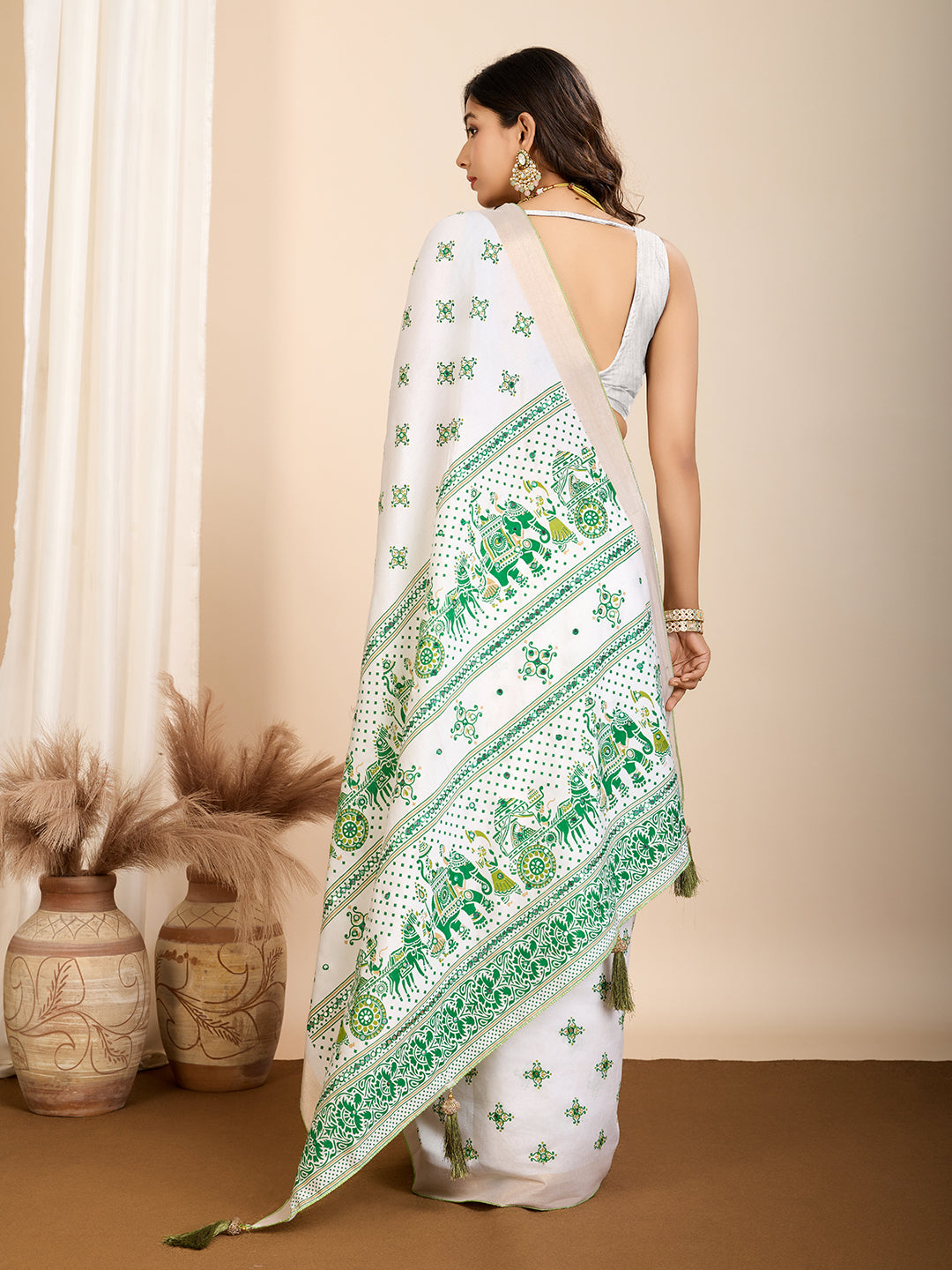 Vedant Vastram Maslin Cotton Printed & Hand work Fancy Saree - Green - Distacart