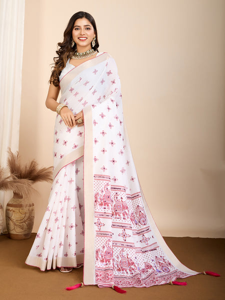Vedant Vastram Maslin Cotton Printed & Hand work Fancy Saree - Pink - Distacart