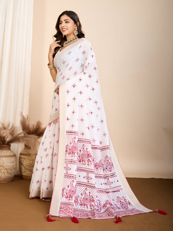 Vedant Vastram Maslin Cotton Printed & Hand work Fancy Saree - Pink - Distacart