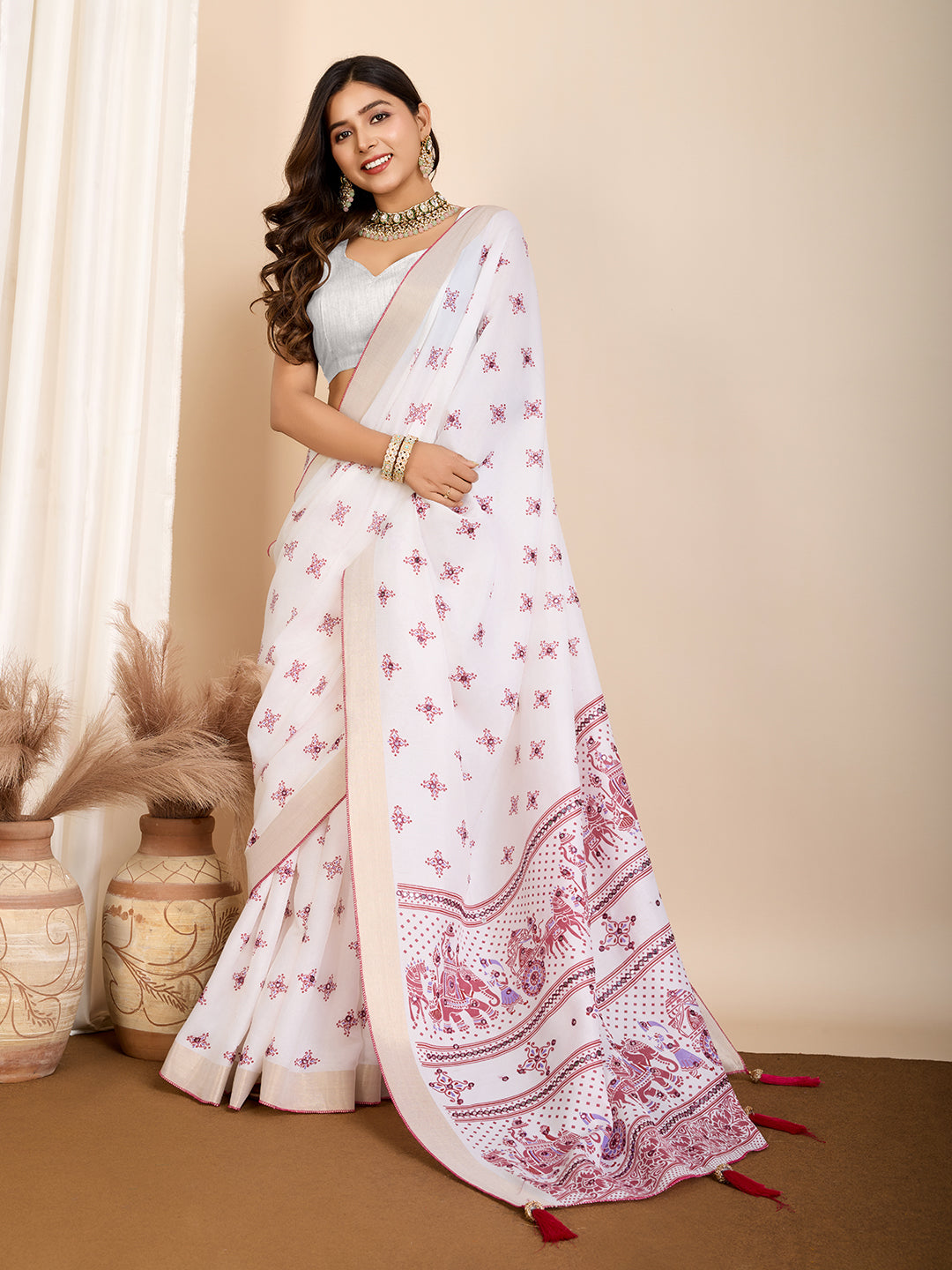 Vedant Vastram Maslin Cotton Printed & Hand work Fancy Saree - Pink - Distacart