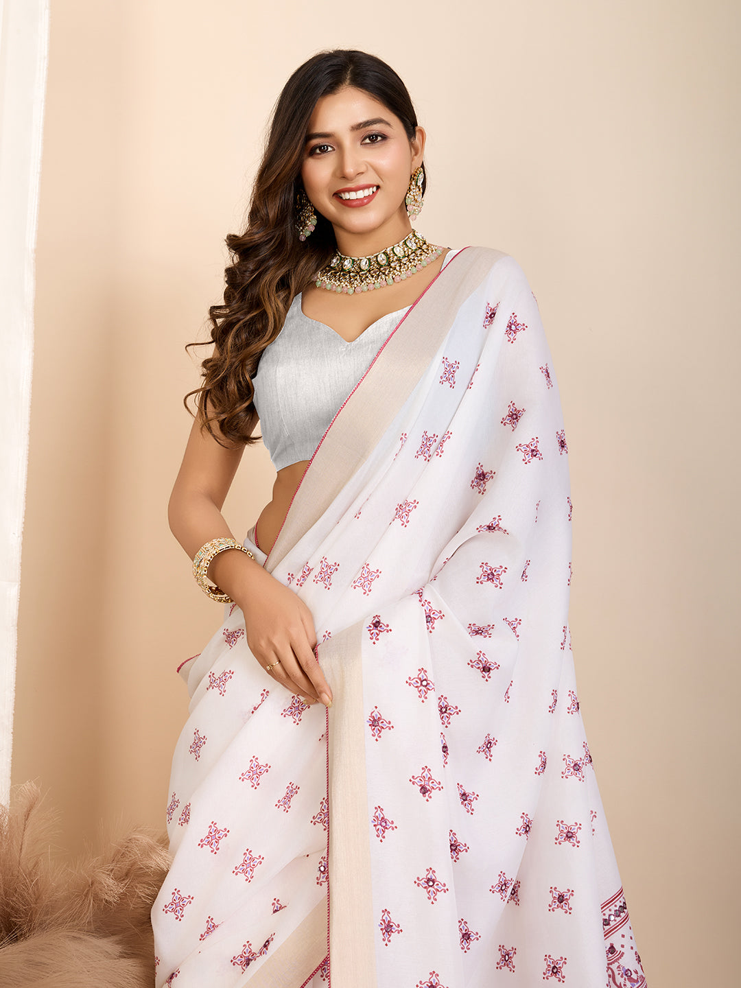 Vedant Vastram Maslin Cotton Printed & Hand work Fancy Saree - Pink - Distacart