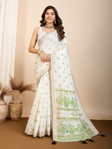 Vedant Vastram Maslin Cotton Printed & Hand work Fancy Saree - Pista - Distacart