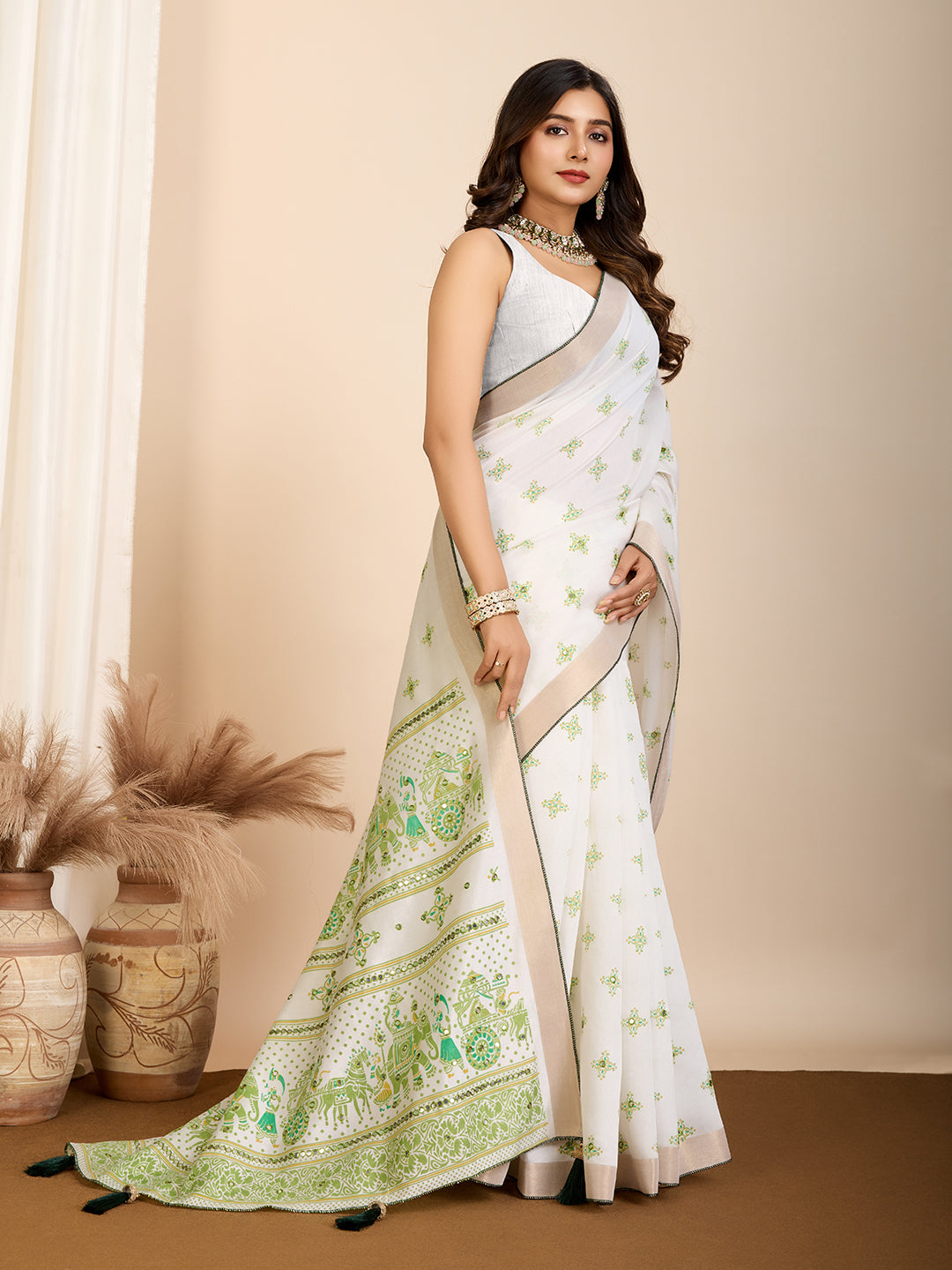 Vedant Vastram Maslin Cotton Printed & Hand work Fancy Saree - Pista - Distacart