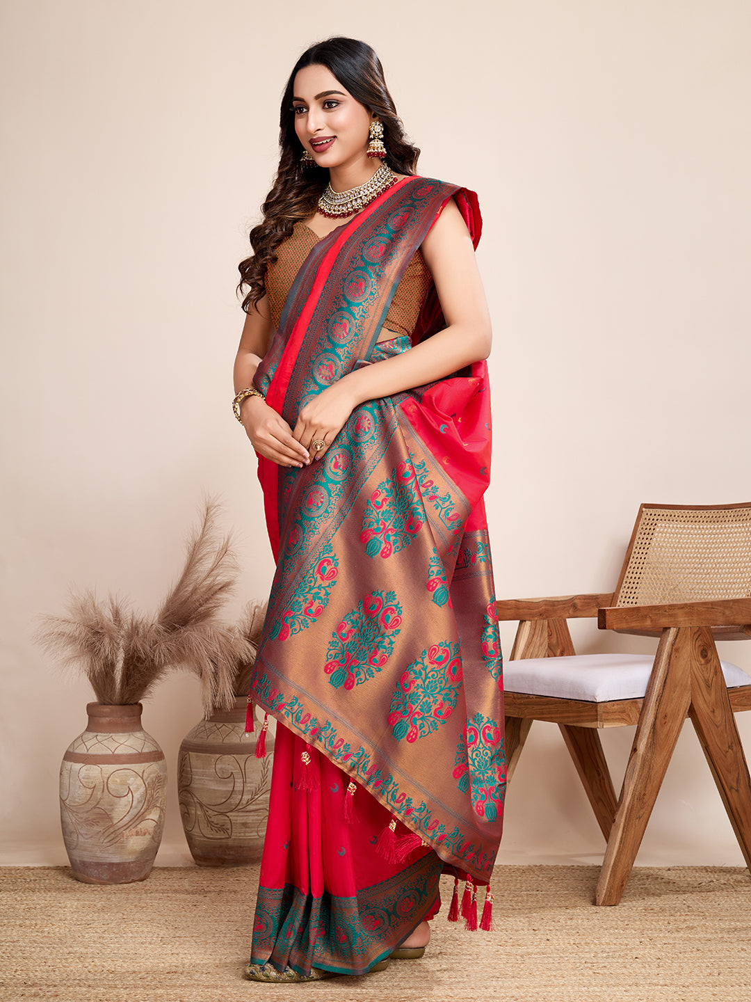 Vedant Vastram Soft Litchi Silk Kanjeevaram Silk Saree - Rani - Distacart