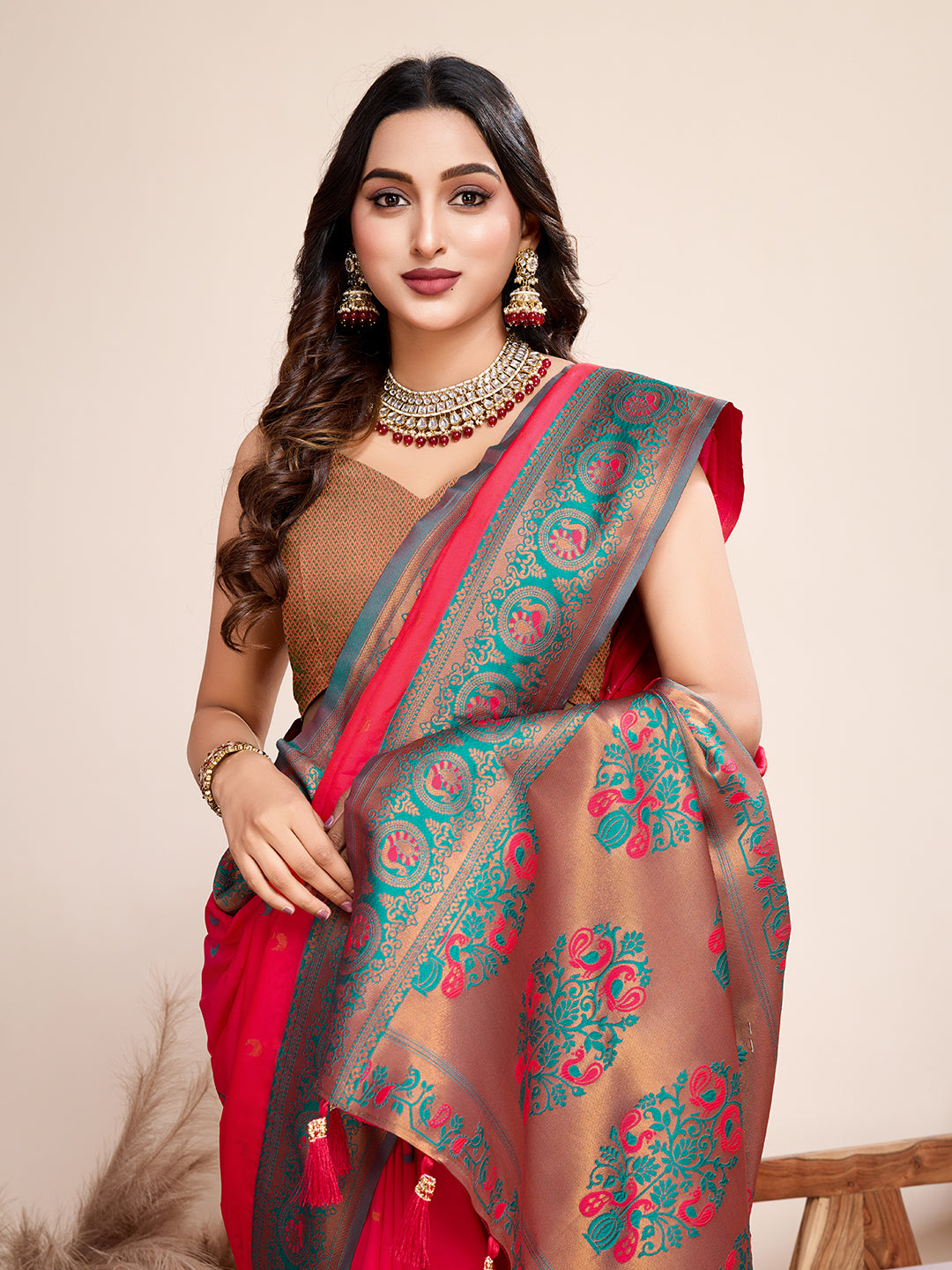 Vedant Vastram Soft Litchi Silk Kanjeevaram Silk Saree - Rani - Distacart