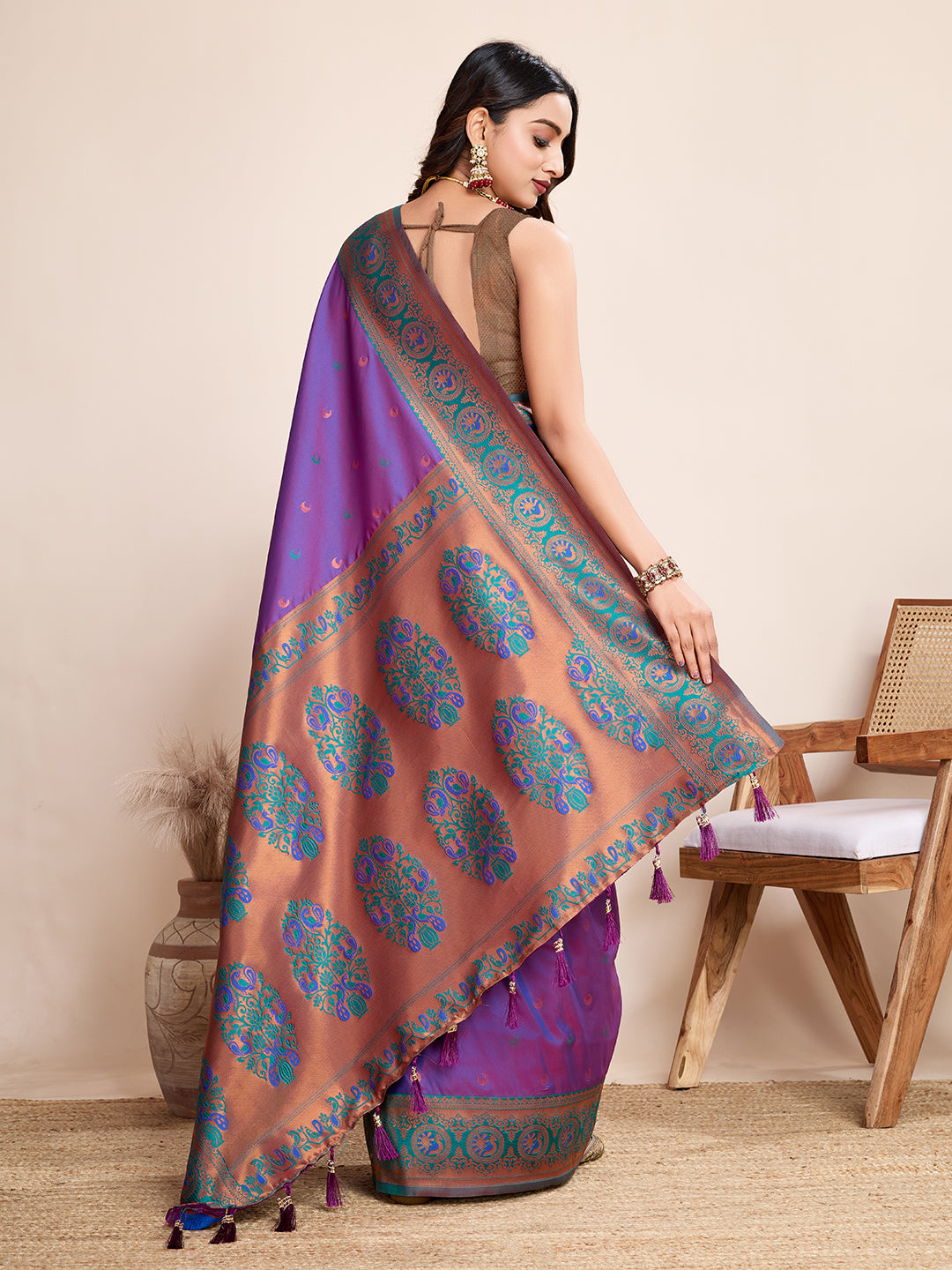 Vedant Vastram Soft Litchi Silk Kanjeevaram Silk Saree - Violet - Distacart