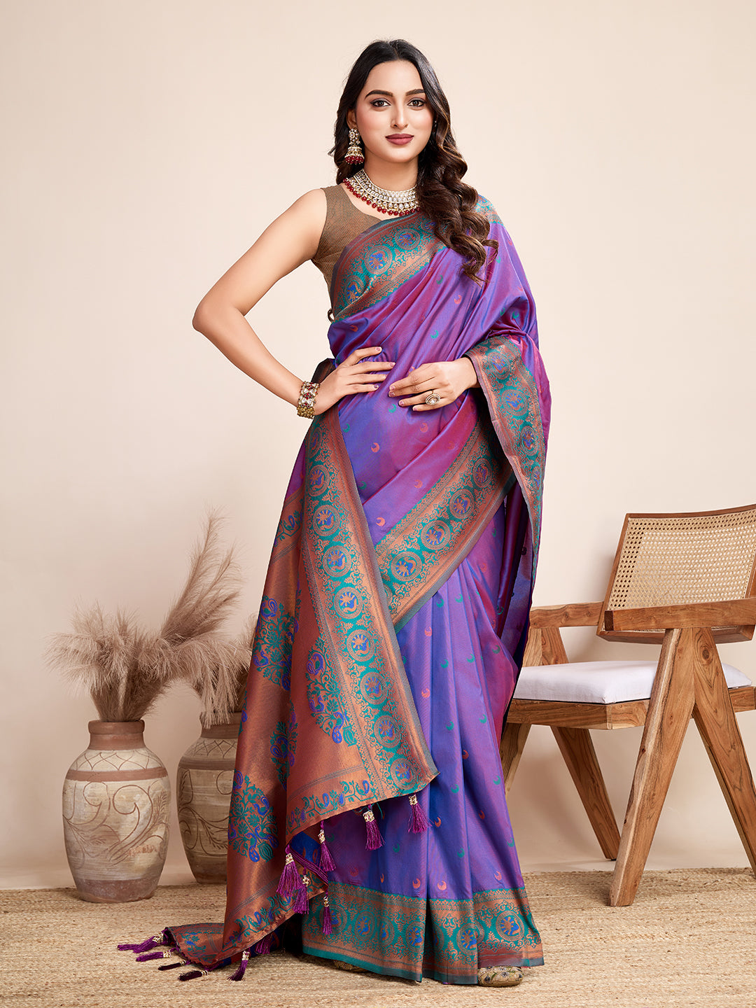 Vedant Vastram Soft Litchi Silk Kanjeevaram Silk Saree - Violet - Distacart