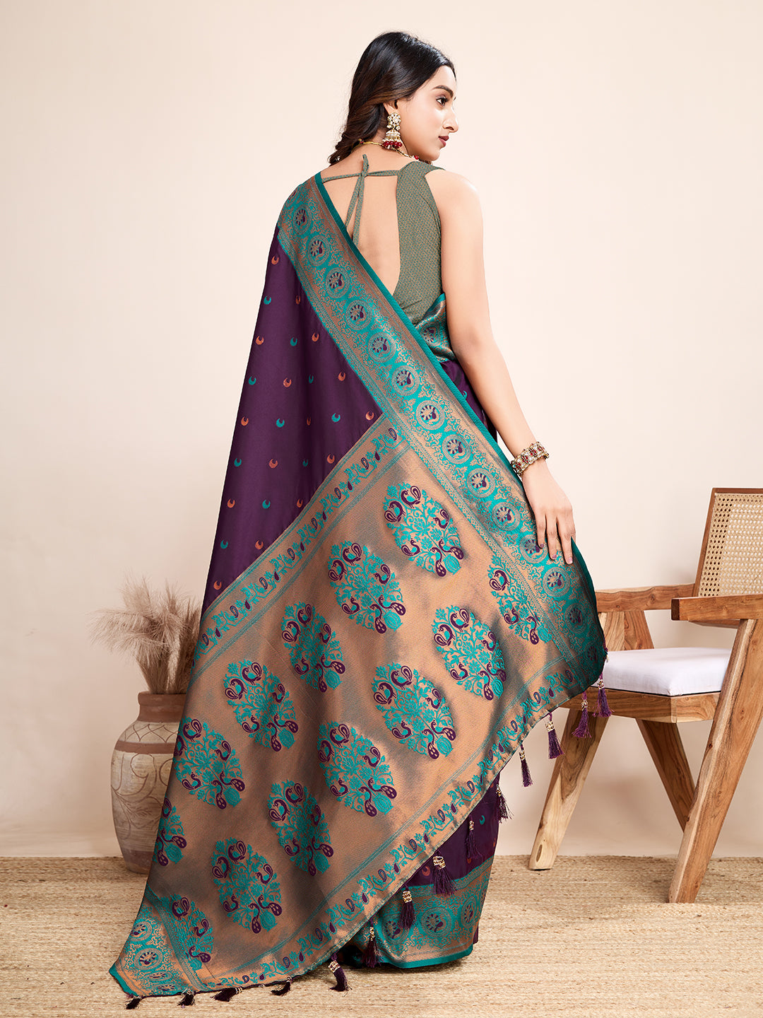 Vedant Vastram Soft Litchi Silk Kanjeevaram Silk Saree - Wine - Distacart