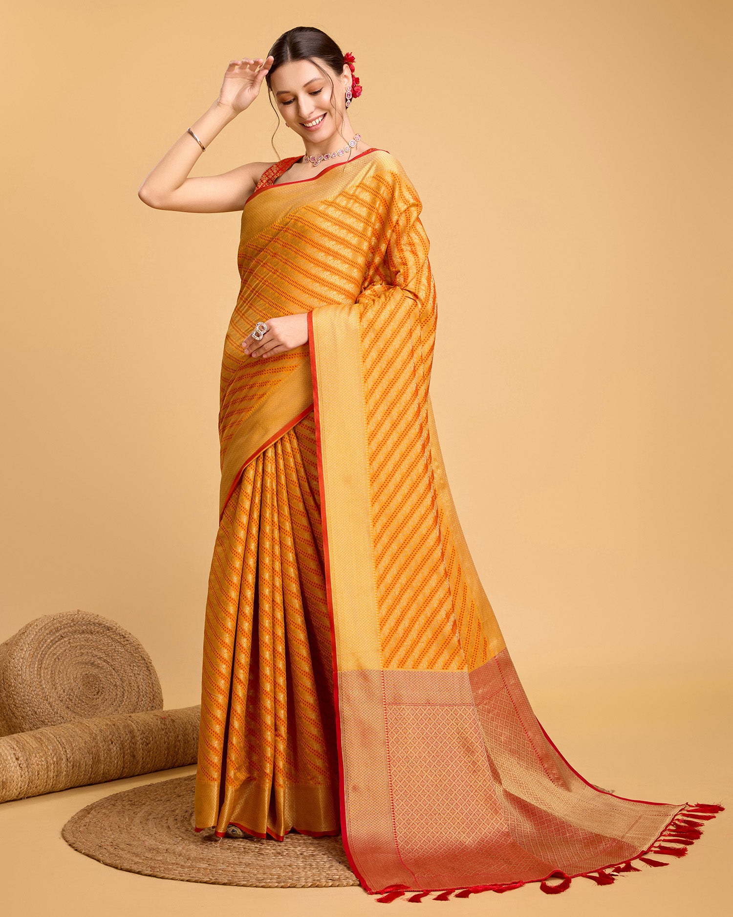 Vedant Vastram Soft Litchi Silk Kanjeevaram Silk Saree - Mustard - Distacart