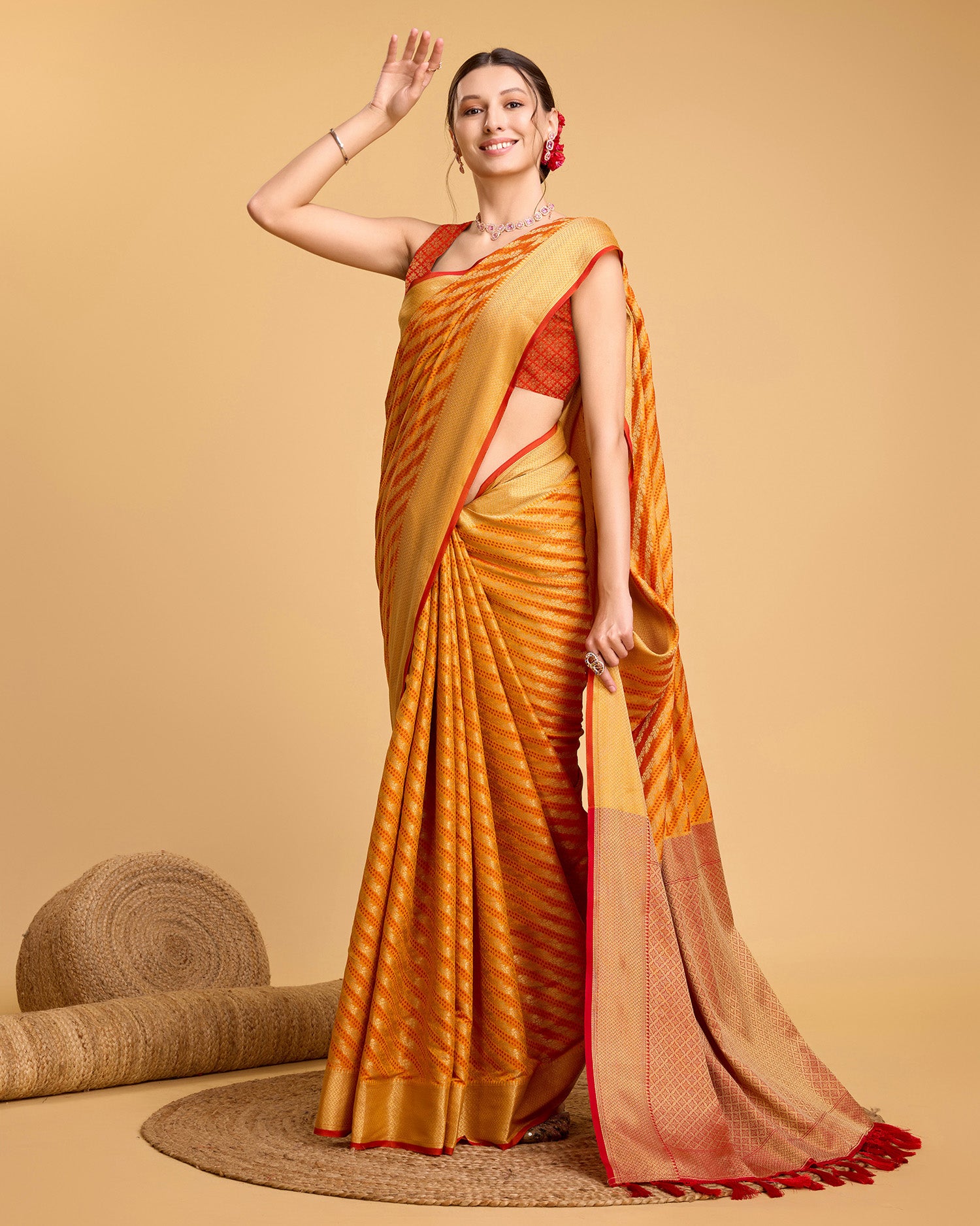 Vedant Vastram Soft Litchi Silk Kanjeevaram Silk Saree - Mustard - Distacart