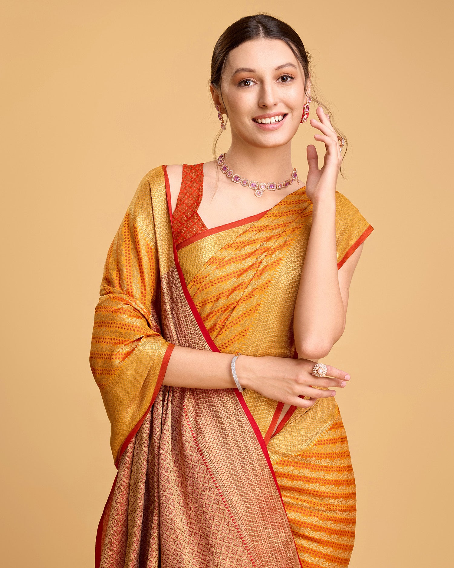 Vedant Vastram Soft Litchi Silk Kanjeevaram Silk Saree - Mustard - Distacart