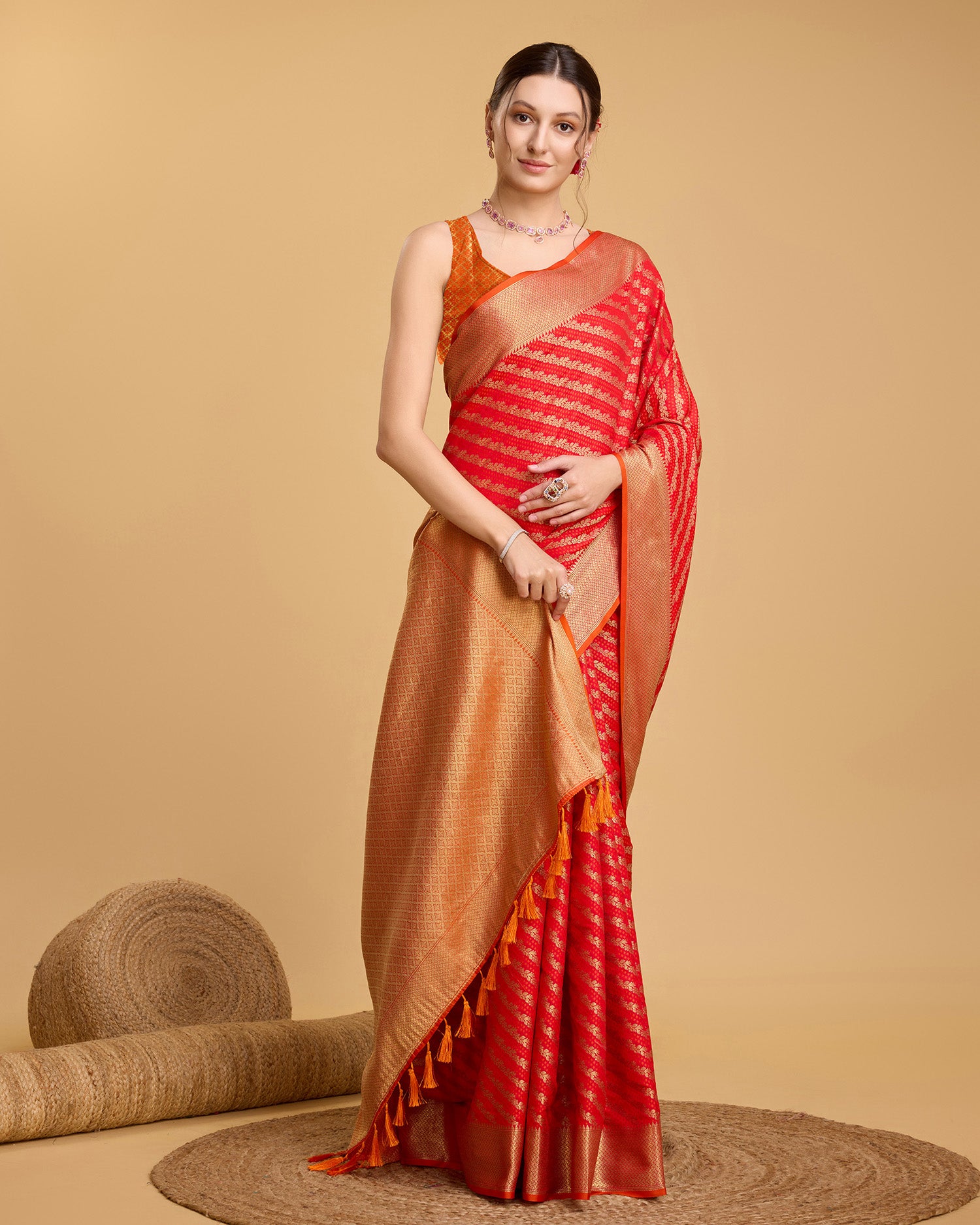 Vedant Vastram Soft Litchi Silk Kanjeevaram Silk Saree - Red - Distacart