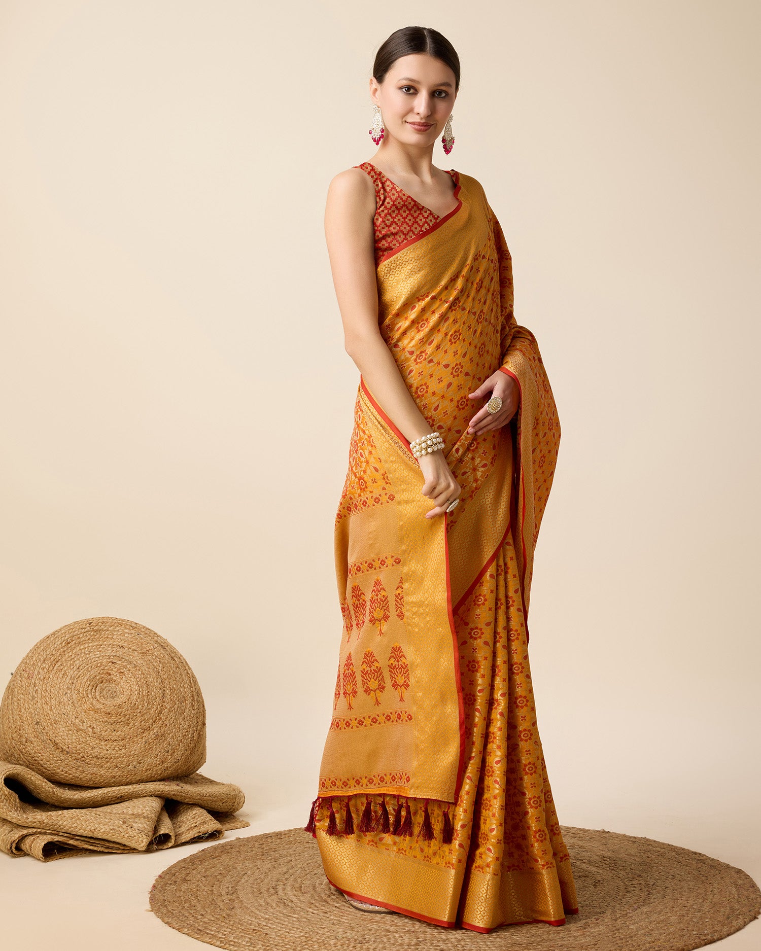 Vedant Vastram Soft Litchi Silk Kanjeevaram Silk Saree - Mustard - Distacart