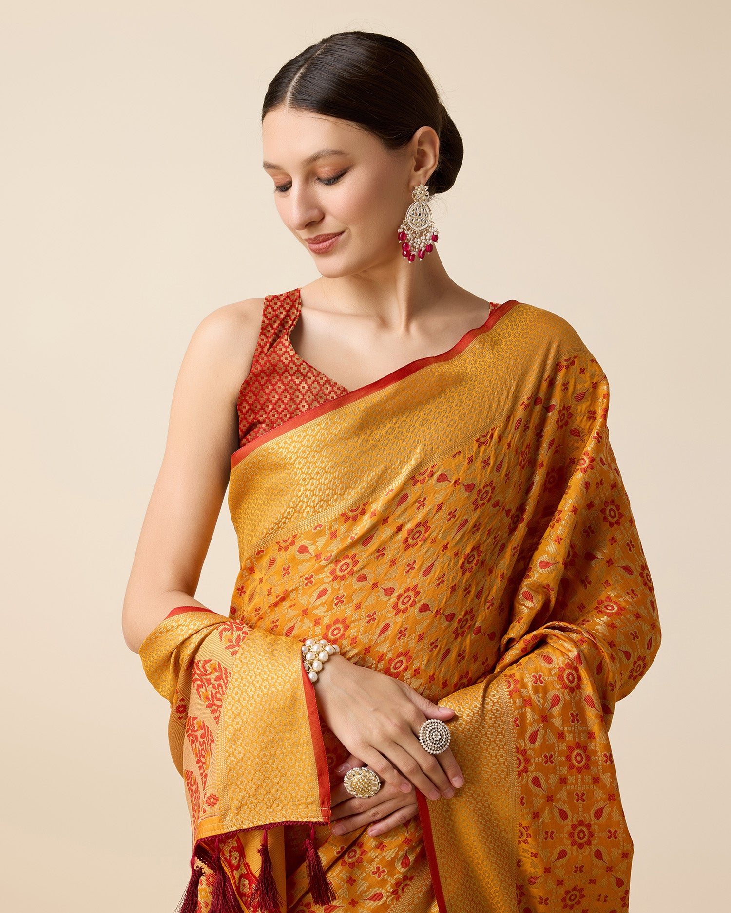 Vedant Vastram Soft Litchi Silk Kanjeevaram Silk Saree - Mustard - Distacart