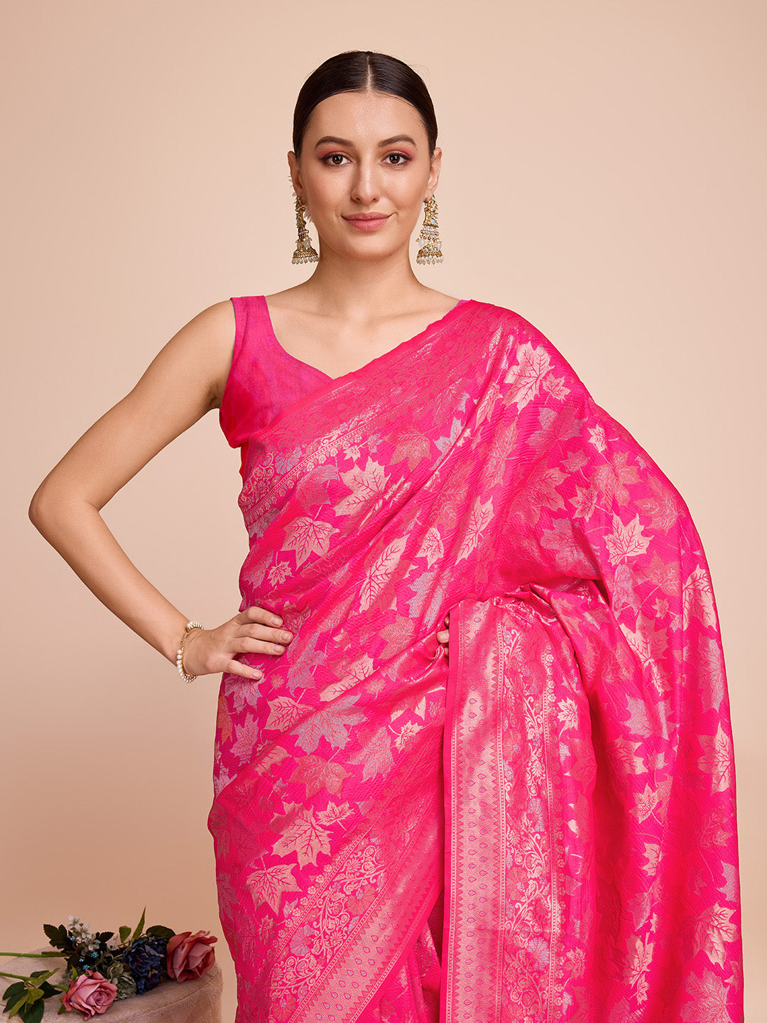 Vedant Vastram Soft Litchi Silk Banarasi Silk Saree - Magenta - Distacart