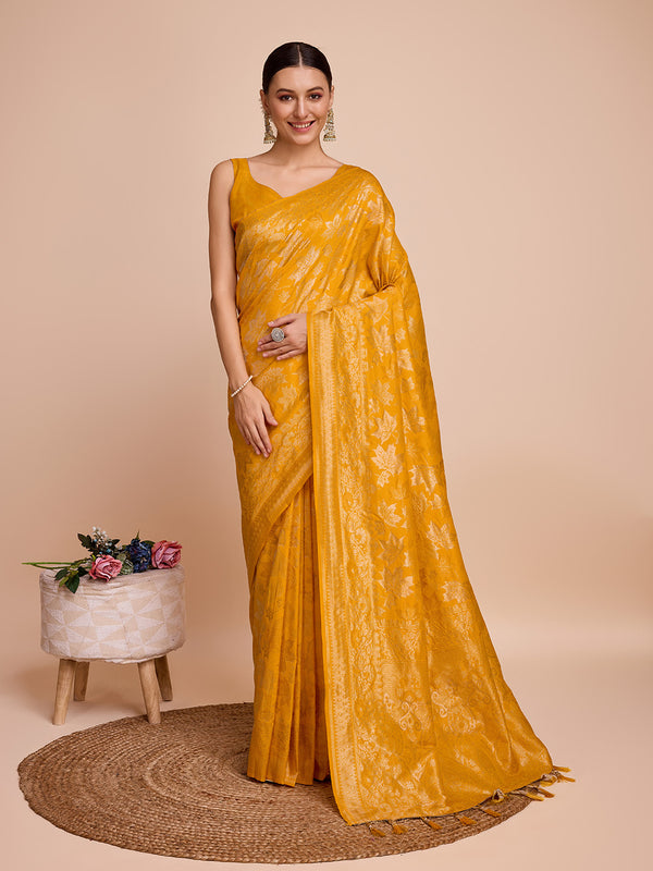Vedant Vastram Soft Litchi Silk Banarasi Silk Saree - Mustard - Distacart