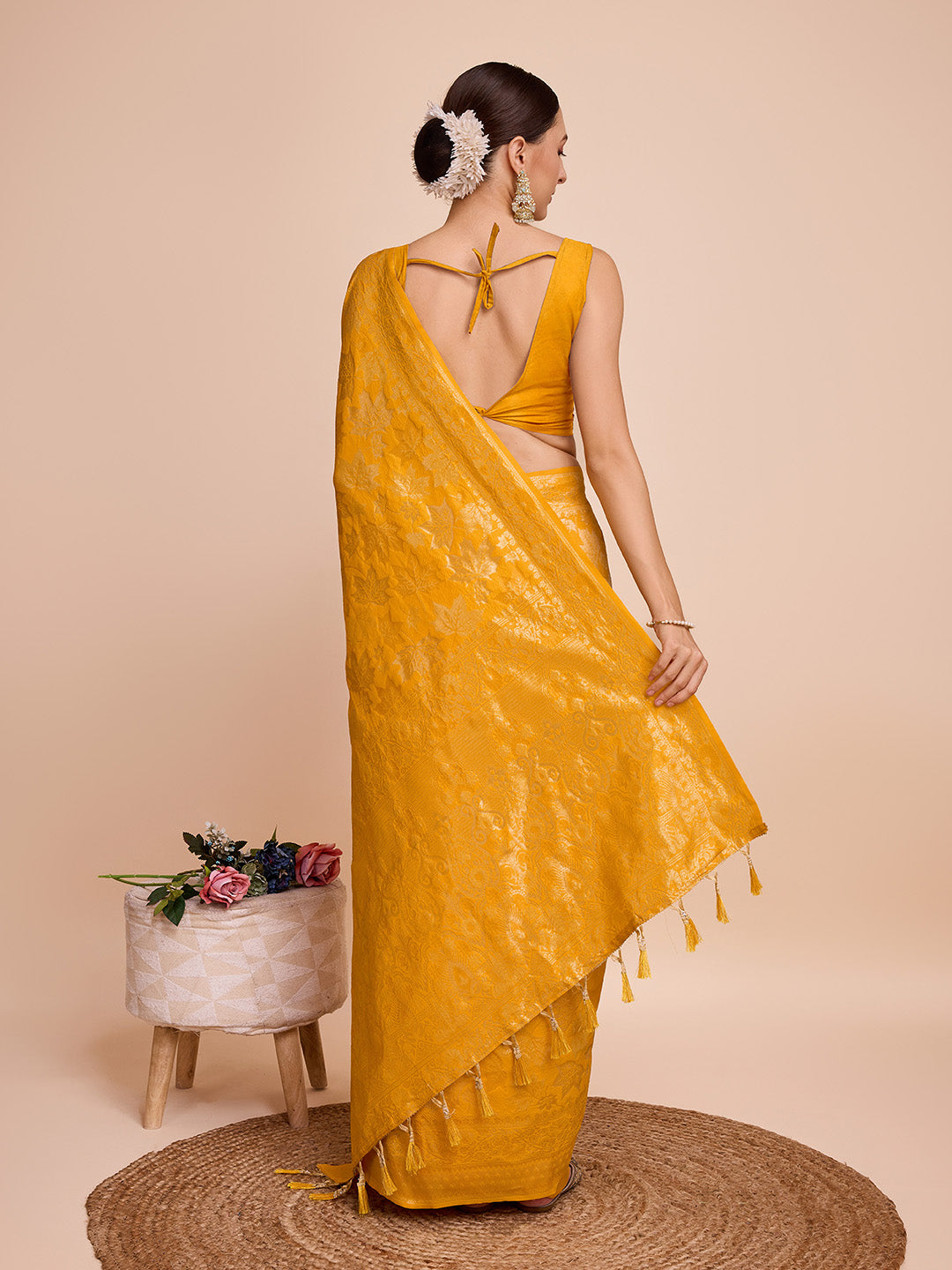 Vedant Vastram Soft Litchi Silk Banarasi Silk Saree - Mustard - Distacart