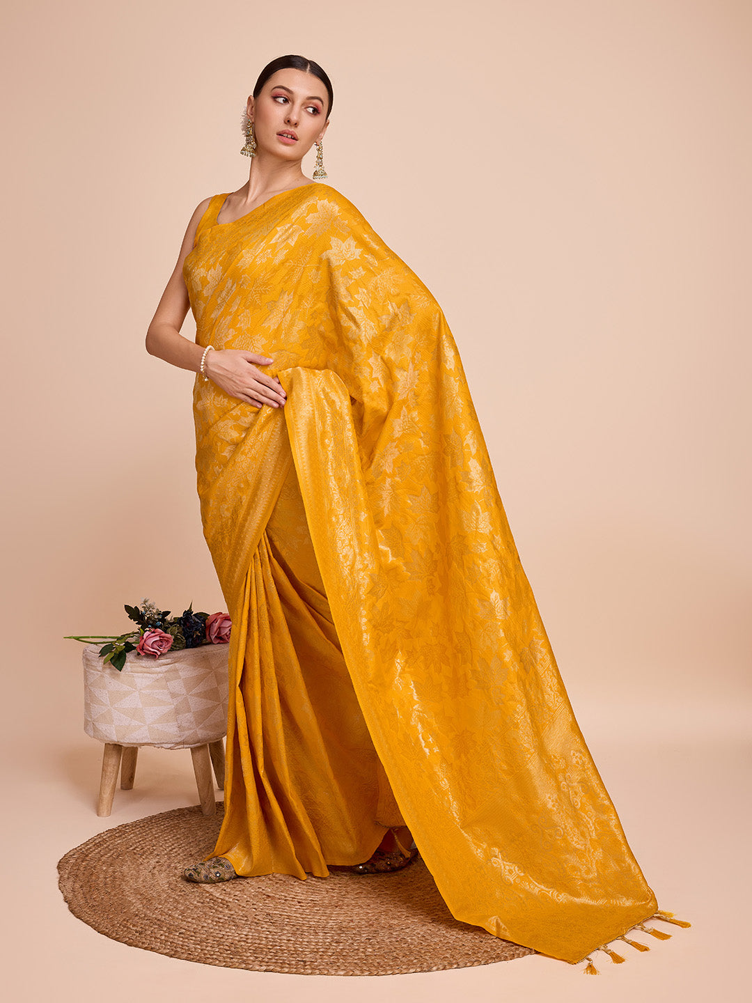 Vedant Vastram Soft Litchi Silk Banarasi Silk Saree - Mustard - Distacart