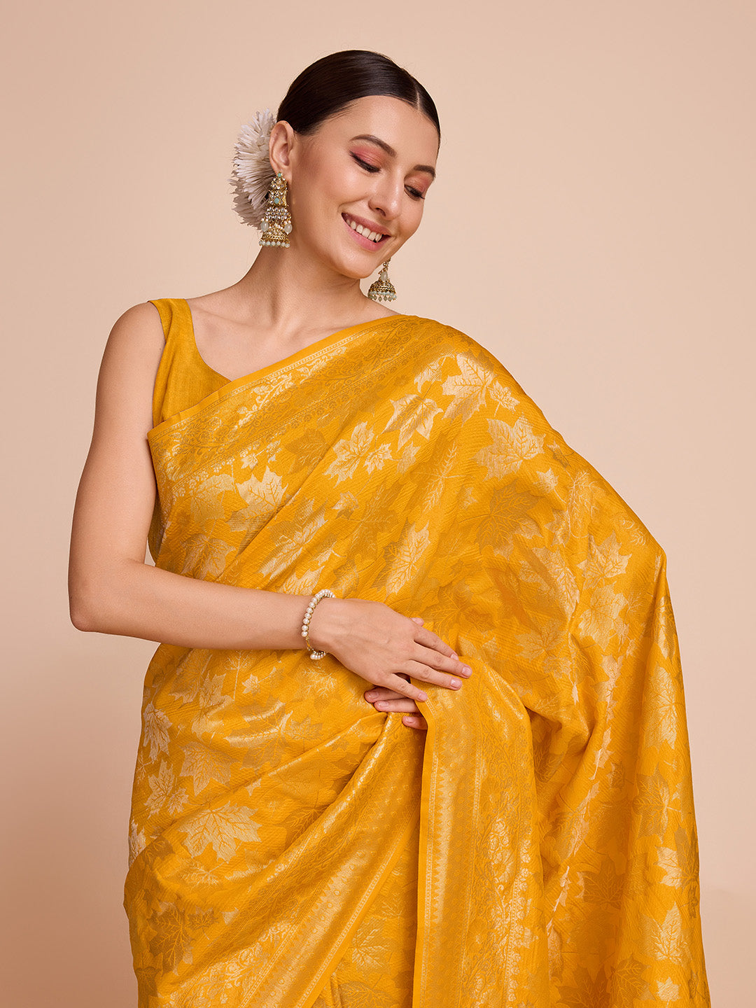 Vedant Vastram Soft Litchi Silk Banarasi Silk Saree - Mustard - Distacart