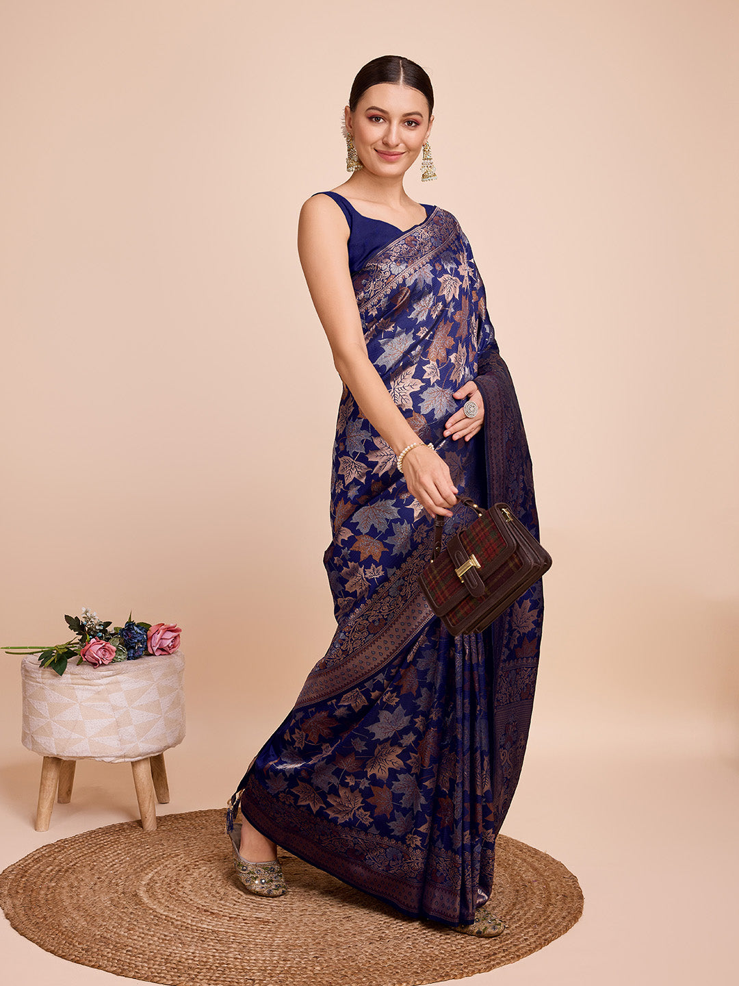 Vedant Vastram Soft Litchi Silk Banarasi Silk Saree - Navy - Distacart