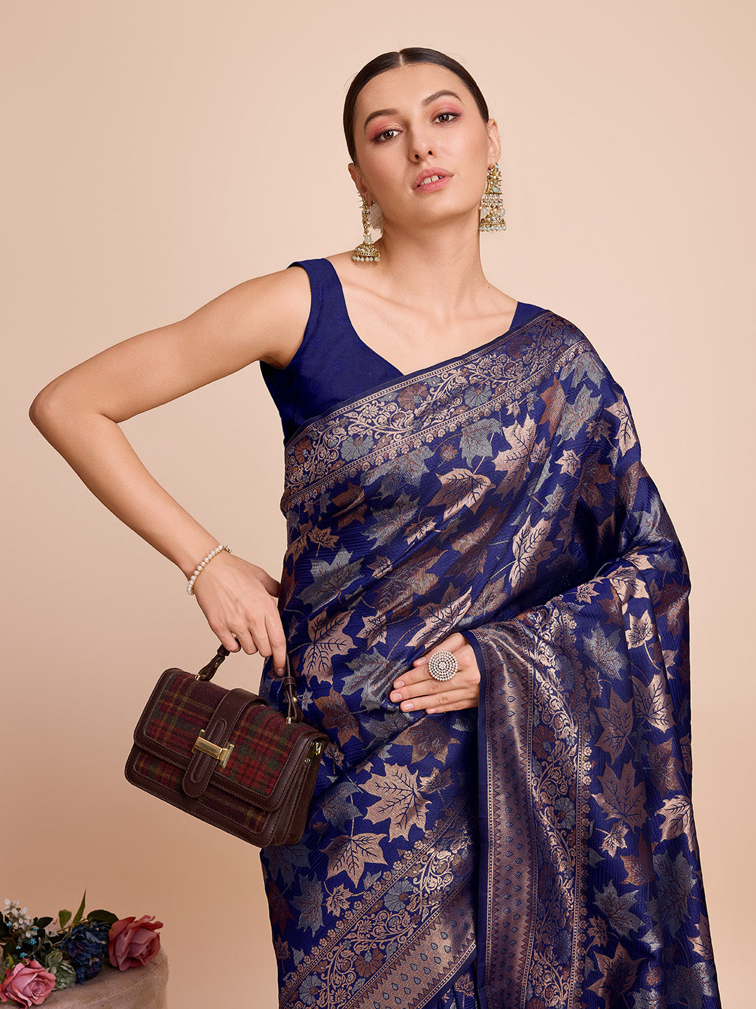 Vedant Vastram Soft Litchi Silk Banarasi Silk Saree - Navy - Distacart