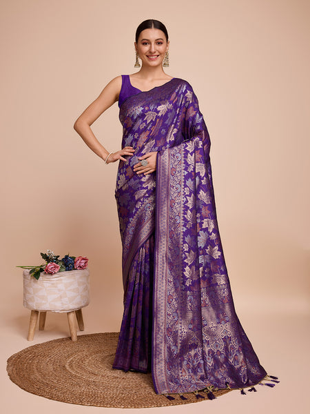 Vedant Vastram Soft Litchi Silk Banarasi Silk Saree - Violet - Distacart