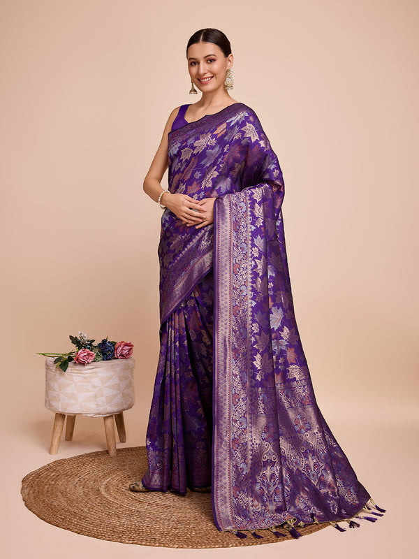 Vedant Vastram Soft Litchi Silk Banarasi Silk Saree - Violet - Distacart
