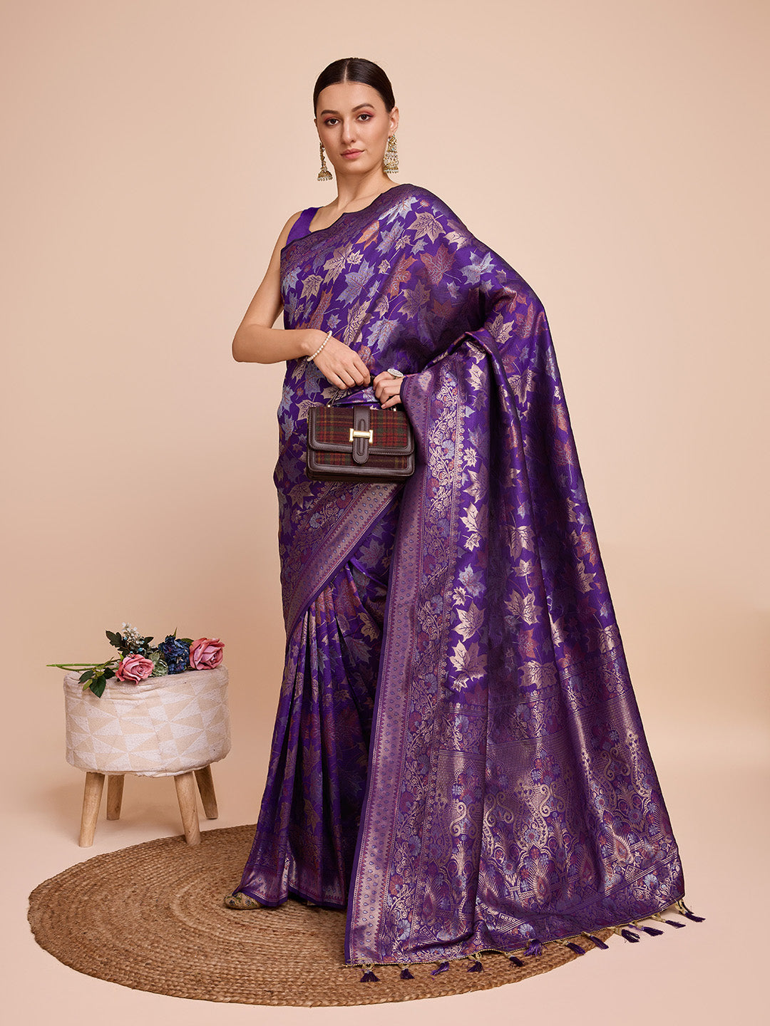Vedant Vastram Soft Litchi Silk Banarasi Silk Saree - Violet - Distacart
