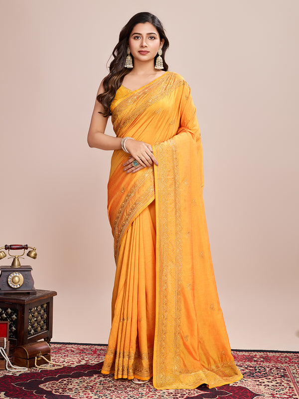 Vedant Vastram Vichitra Silk Embroidered Work Saree - Mustard - Distacart