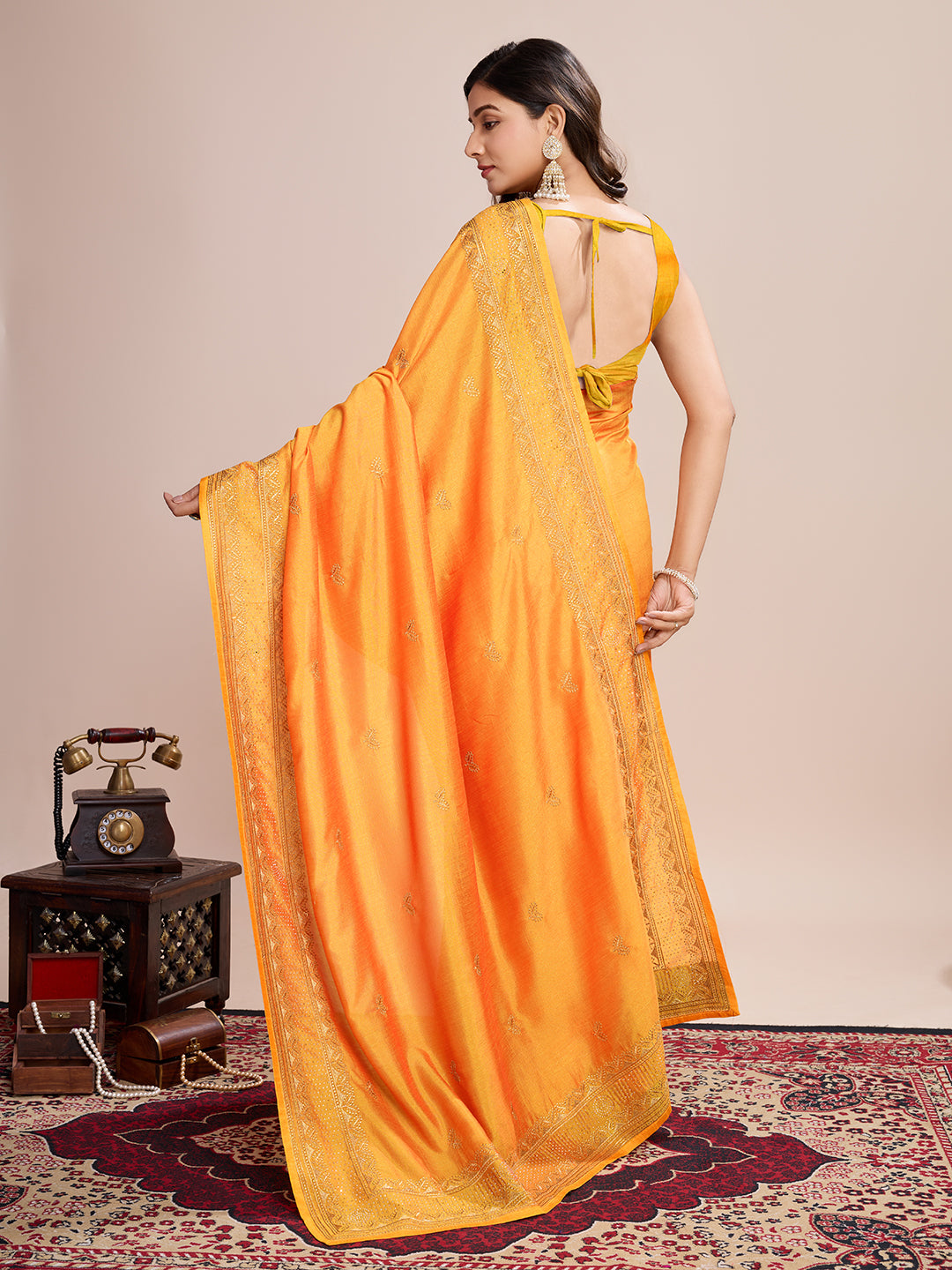 Vedant Vastram Vichitra Silk Embroidered Work Saree - Mustard - Distacart